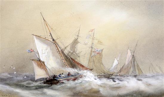 Sir Oswald Walters Brierly (1817-1894) Fishing boats at sea and off the coast, 5.25 x 8.5in.